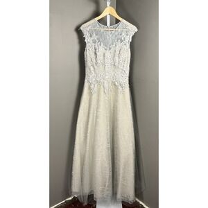 Basix Black Label Illusion Bodice Silver Lace Wedding Dress Gown A-Line NWT 12